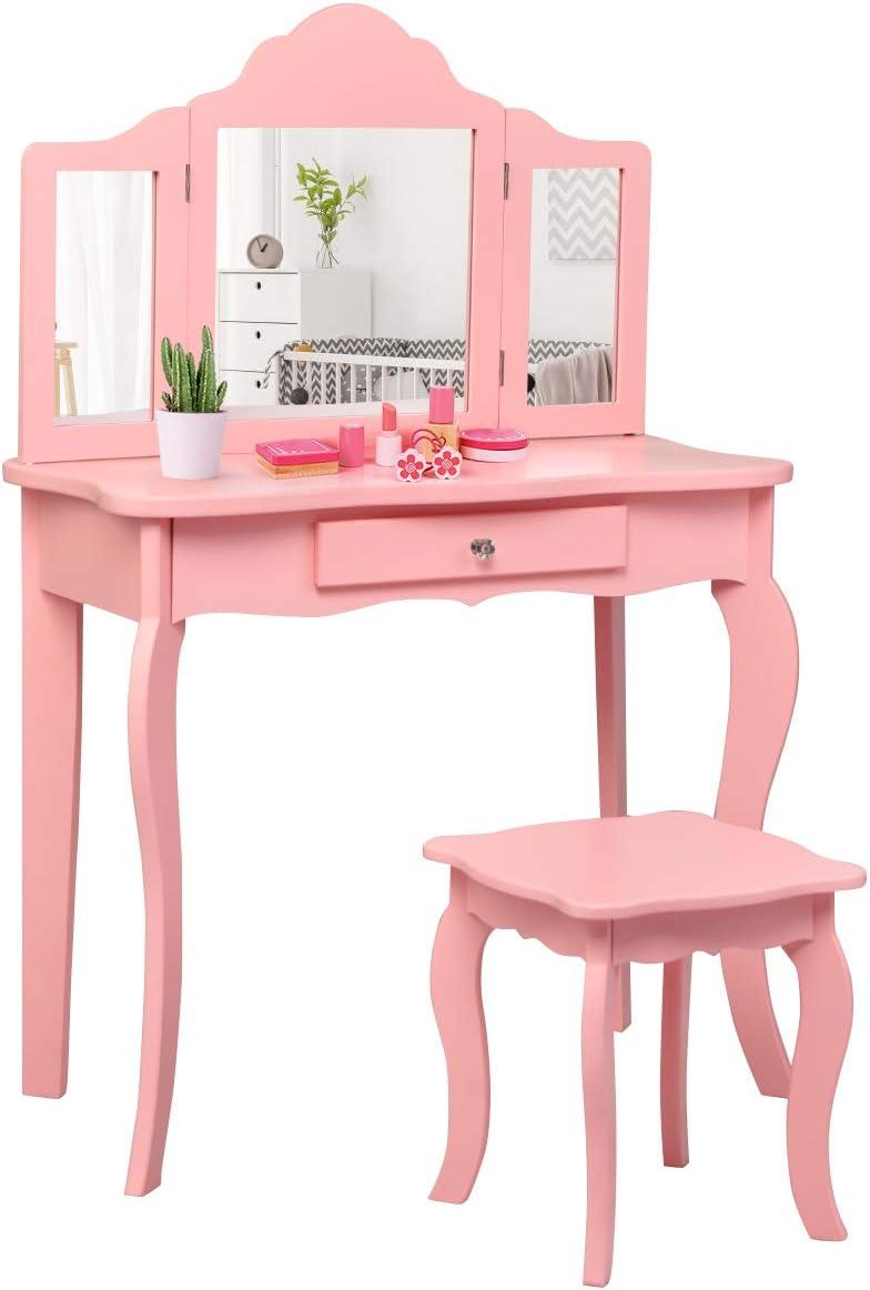Infans Kids Vanity Table & Stool Princess Dressing Make Up Play Set for Girls Pink