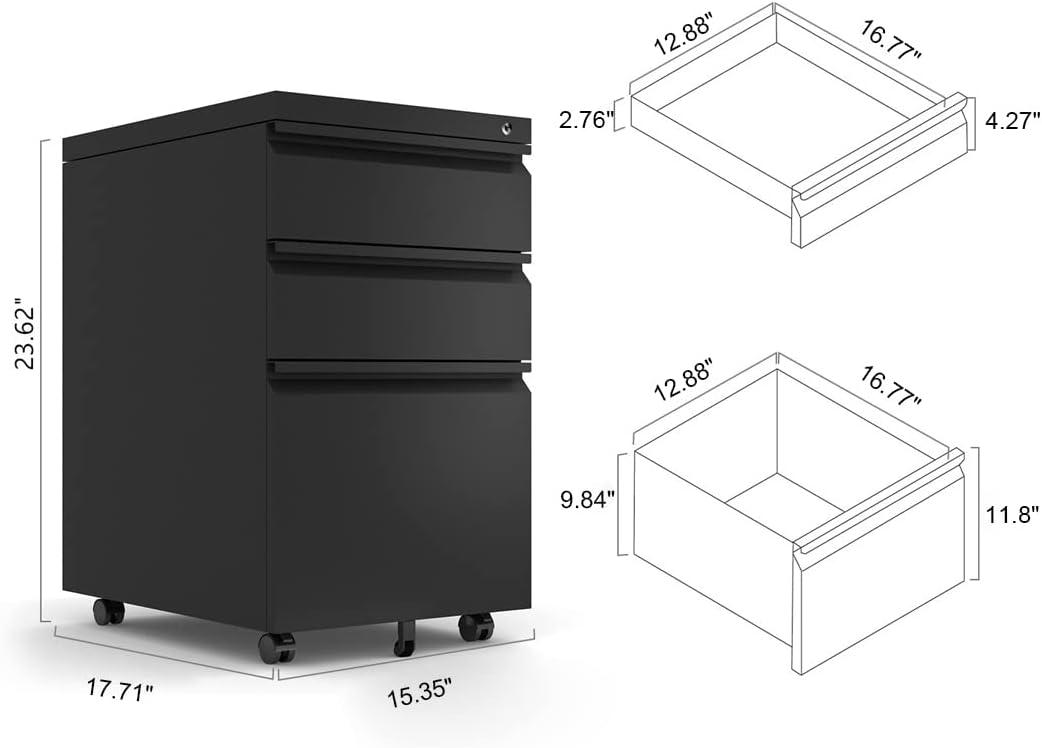 3 Drawer Filing Cabinet, File Cabinets for Home Office, Locking File Cabinet for A4-Size/Letter-Size/Legal-Size,Black