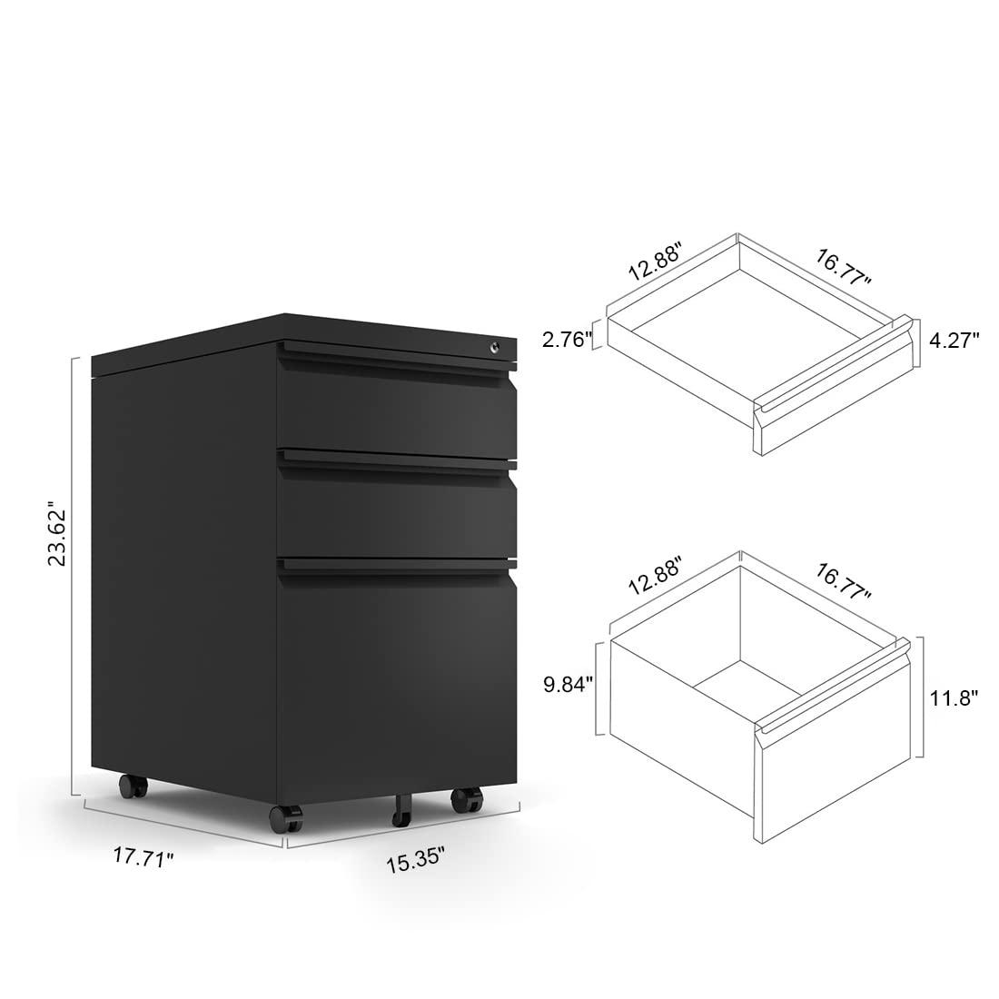 MIIIKO File Cabinet 3 Drawers on Wheels Under Desk, Black Metal Rolling File Cabinets with Lock for Home Office, Un-Assembled Filing Cabinet with Lock