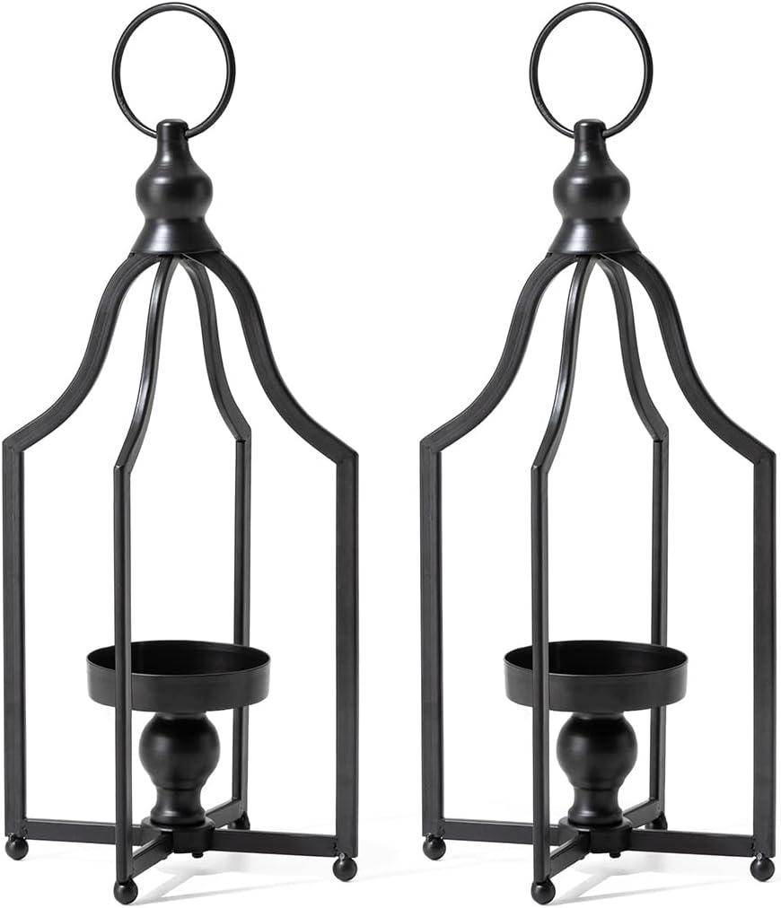 Glitzhome Modern Farmhouse Metal Lanterns Decorative Hanging Candle Lanterns Distressed Black Set of 2 (Small)