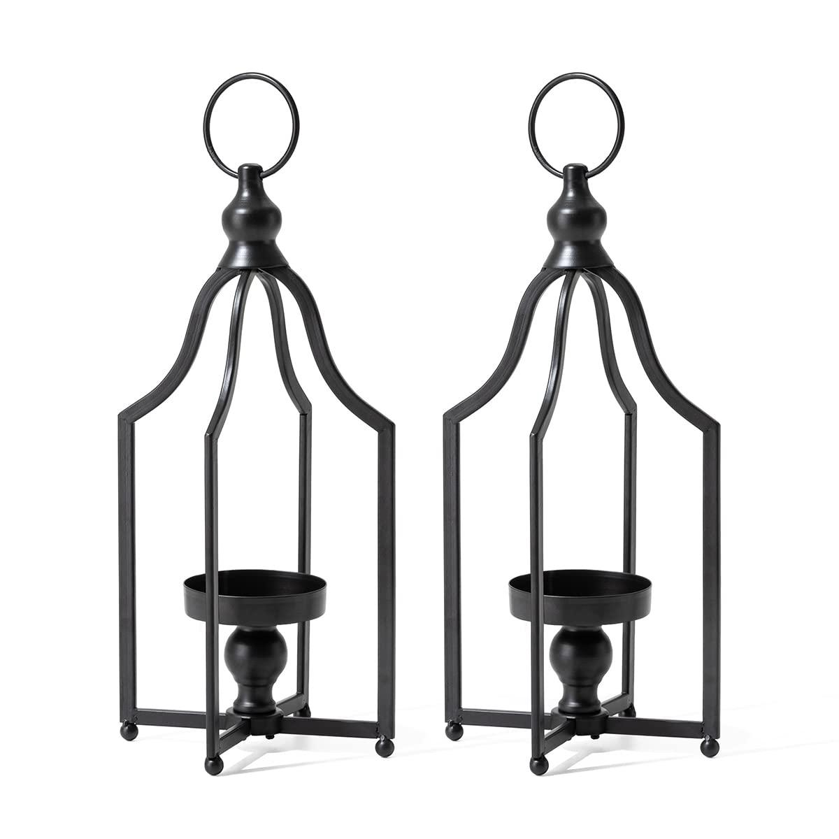 Glitzhome Modern Farmhouse Metal Lanterns Decorative Hanging Candle Lanterns Distressed Black Set of 2 (Small)