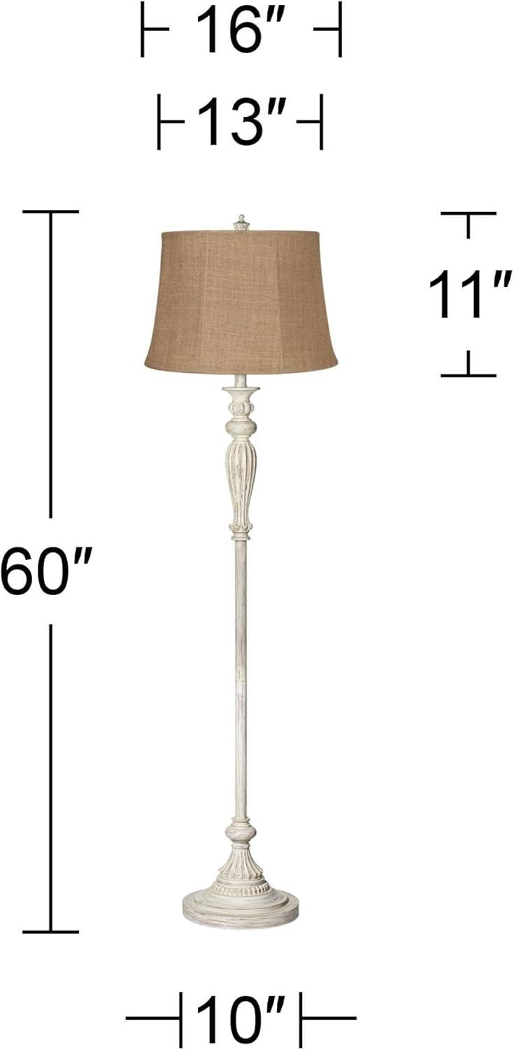 360 Lighting Vintage Chic Floor Lamp 60" Tall Antique White Washed Natural Burlap Fabric Drum Shade for Living Room Reading Bedroom Office