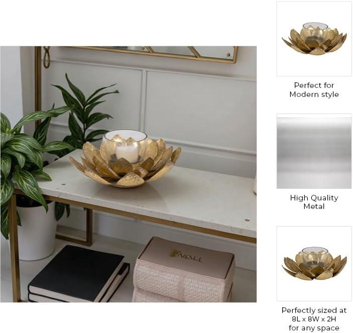 Sagebrook Home 8" Lotus Candle Holder - Contemporary Gold Metal Decorative Votive Candle Holder for Home or Event Decor - Decorative Lotus Candle