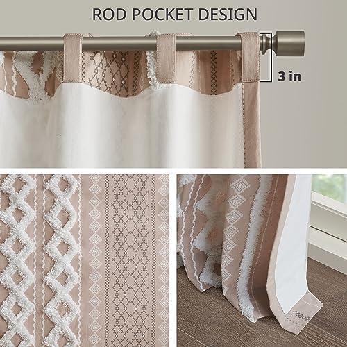 INK+IVY Imani Cotton Printed Curtain Panel with Chenille Stripe and Lining, Blush, 50x84"