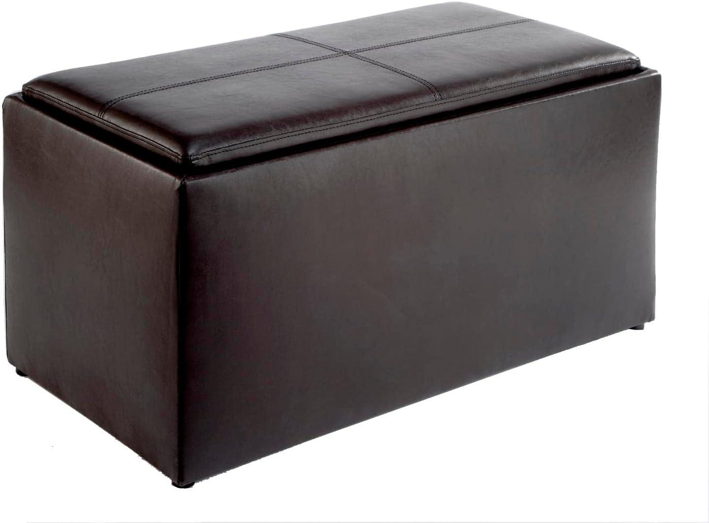 Espresso Faux Leather Footstool Bench with Built-In Tray and Side Ottomans