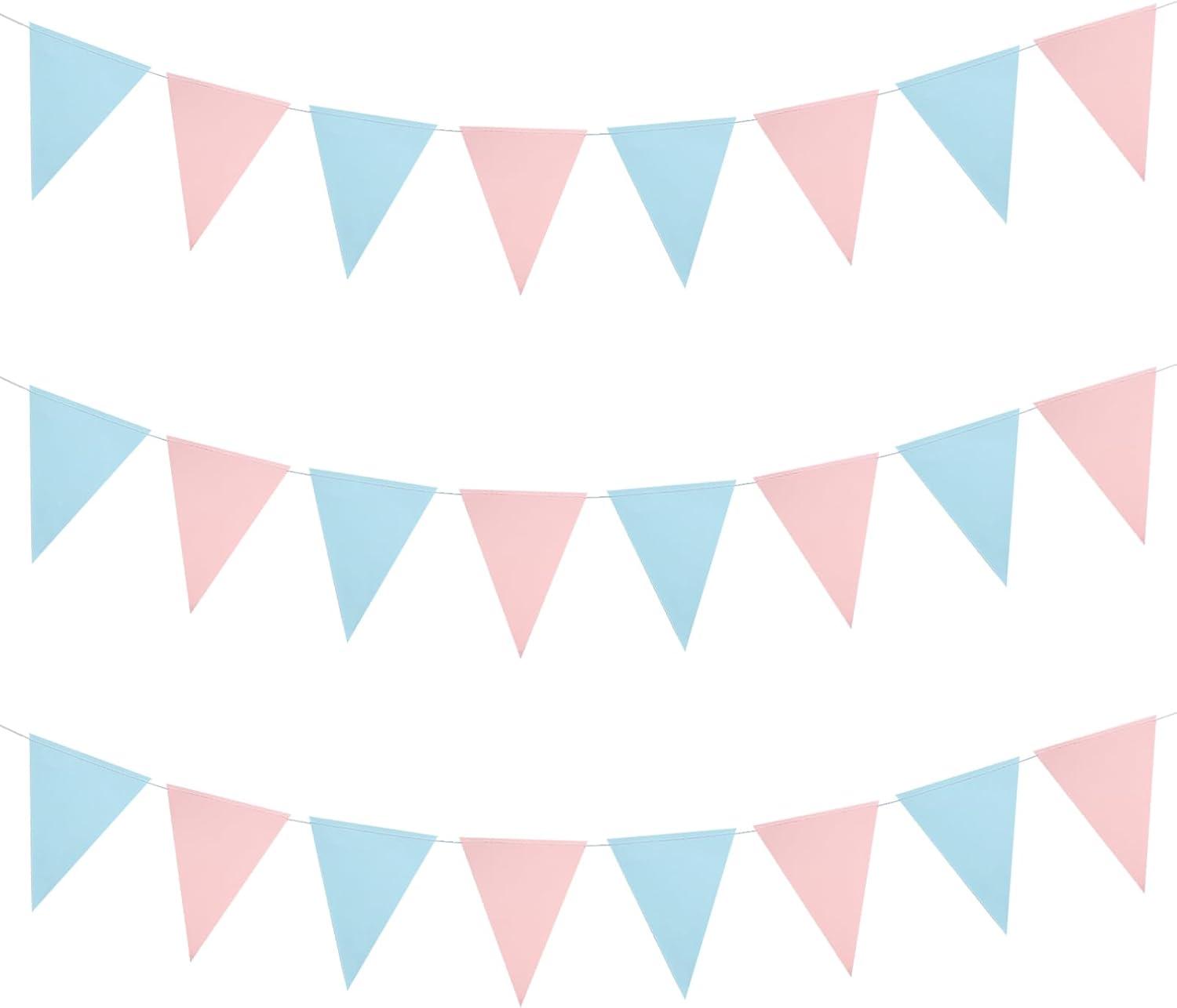 Mefuny 30 Feet Gender Reveal Pennant Banner 48PCS Light Blue and Pink Paper Triangle Flags Hanging Decor for Baby Shower Boy or Girl Gender Reveal Party Backdrop Birthday Party Nursery Decorations