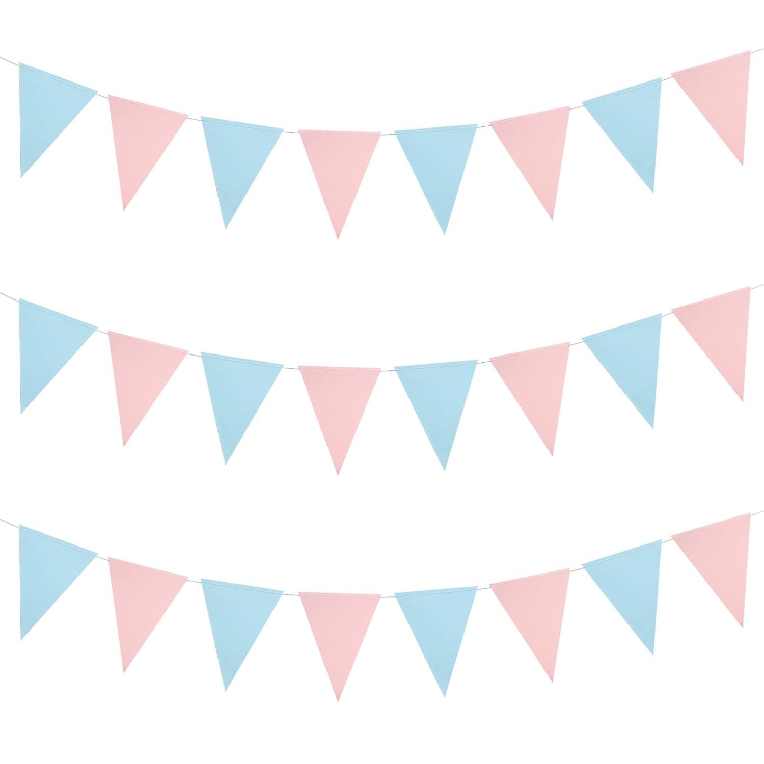 Mefuny 30 Feet Gender Reveal Pennant Banner 48PCS Light Blue and Pink Paper Triangle Flags Hanging Decor for Baby Shower Boy or Girl Gender Reveal Party Backdrop Birthday Party Nursery Decorations