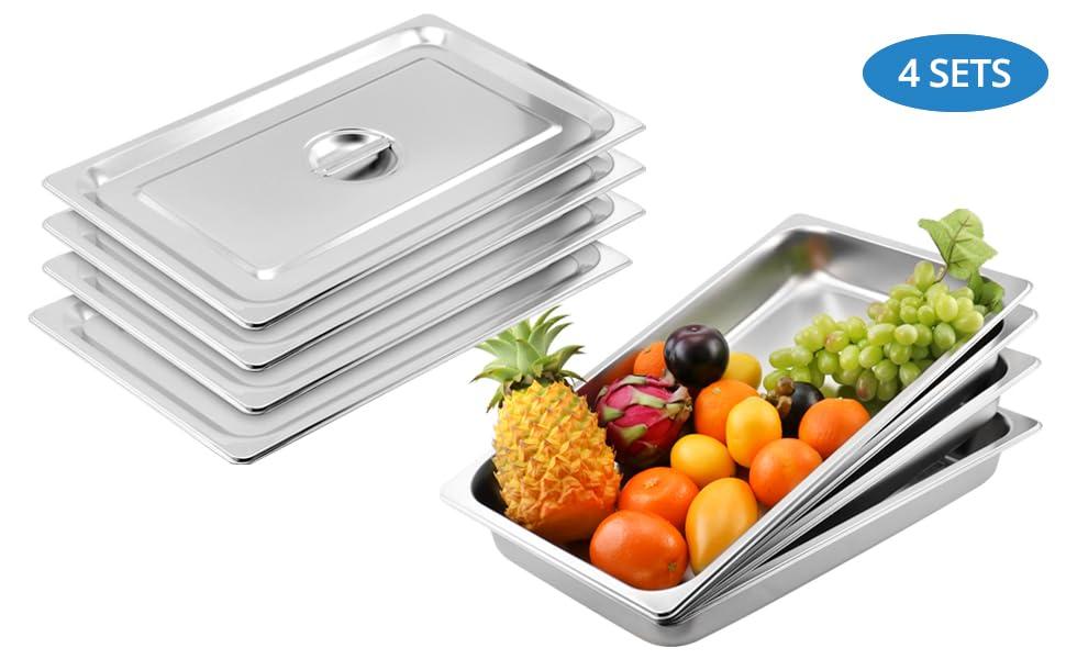 QWORK Stainless Steel Full Size 1/1 Chafing Dish Pan Set, 4 Pack 2.56" Deep 0.03" Thick 8.5L Heat-Resistant Pans with Lids, Steam Table Pans for Catering & Food Service