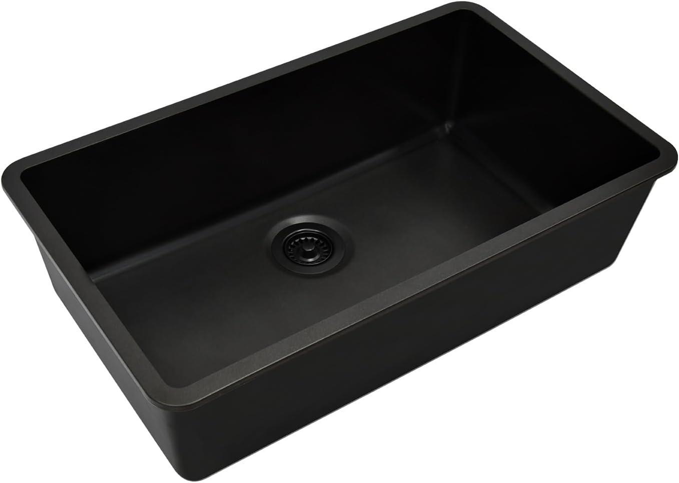 Lexicon LP-1000-K 32" x 19" Quartz Kitchen Sink, Single Bowl Sink, Drop-in Sink, Undermount Sink, Granite Kitchen Sink, with Steel Grids and Basket Strainer, Disposal Flange