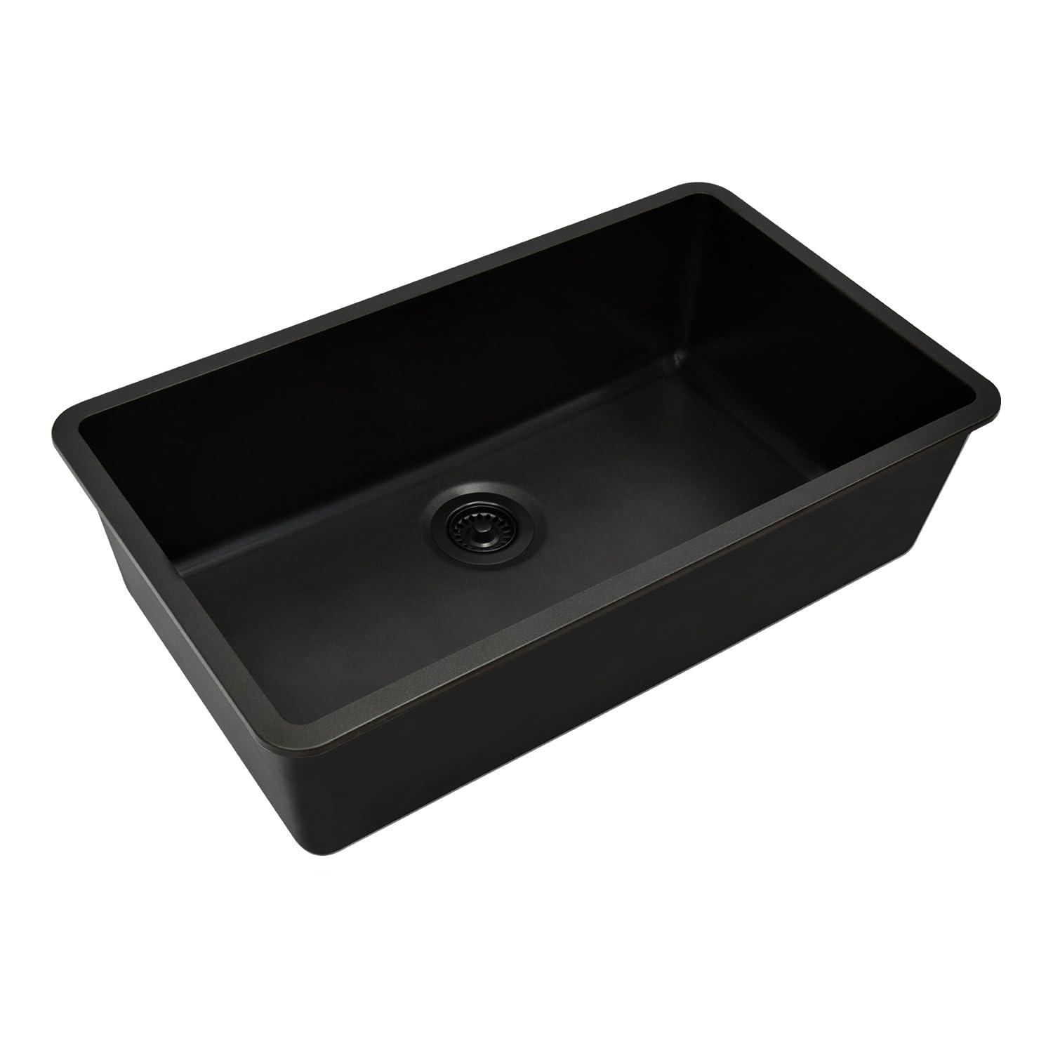 Lexicon LP-1000-K 32" x 19" Quartz Kitchen Sink, Single Bowl Sink, Drop-in Sink, Undermount Sink, Granite Kitchen Sink, with Steel Grids and Basket Strainer, Disposal Flange