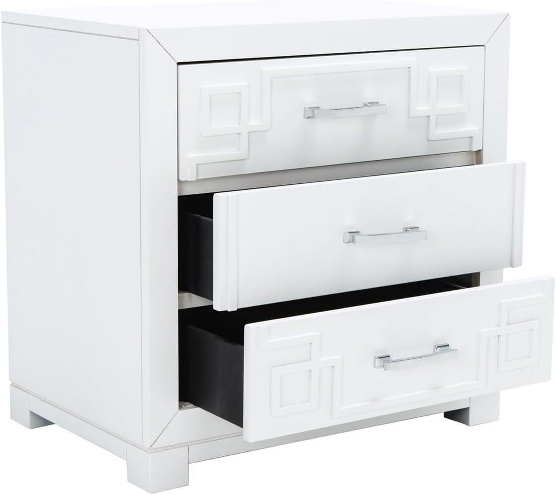 Raina 3 Drawer Greek Key Nightstand - FOX6278 - White/Silver - Safavieh Couture