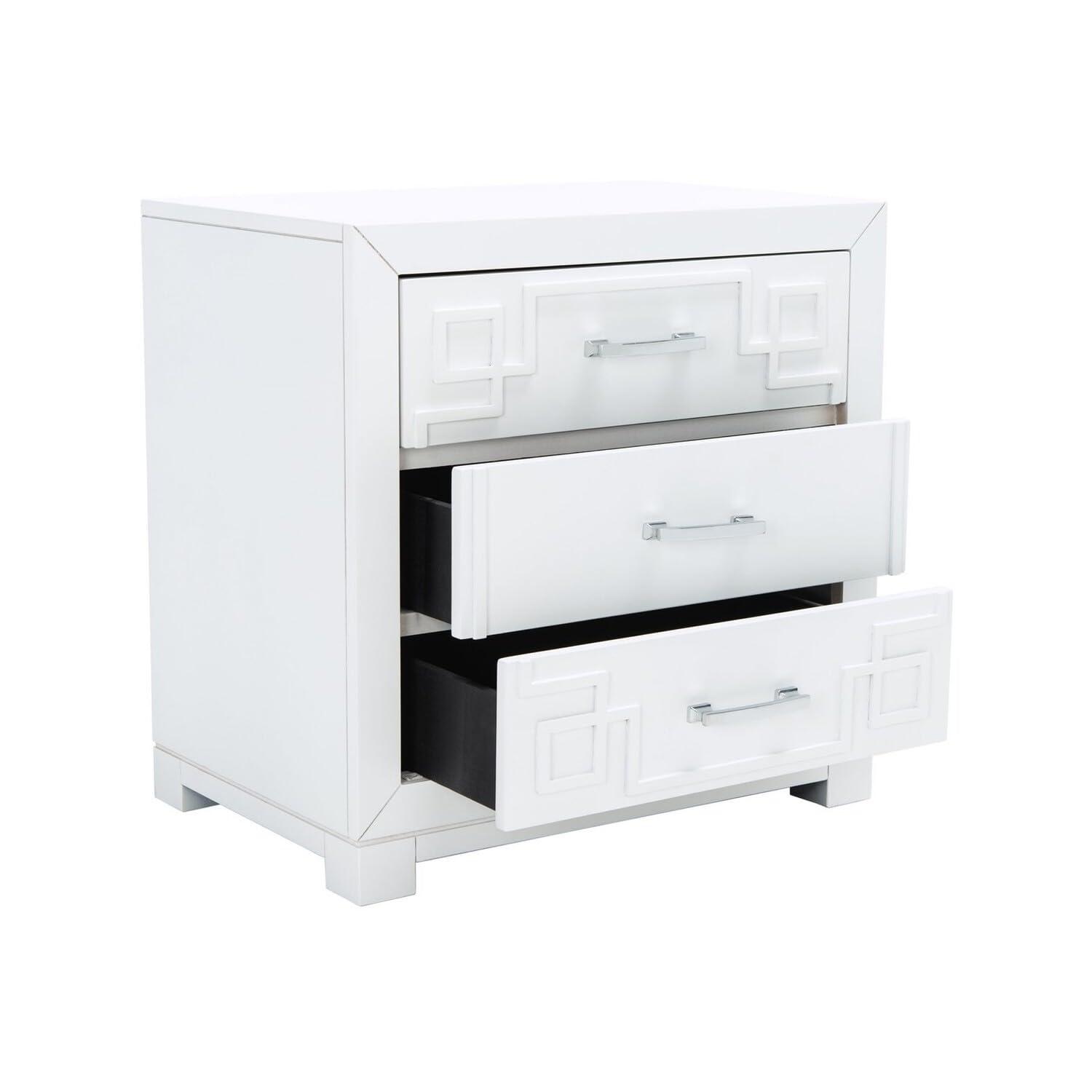 Raina 3 Drawer Greek Key Nightstand - FOX6278 - White/Silver - Safavieh Couture
