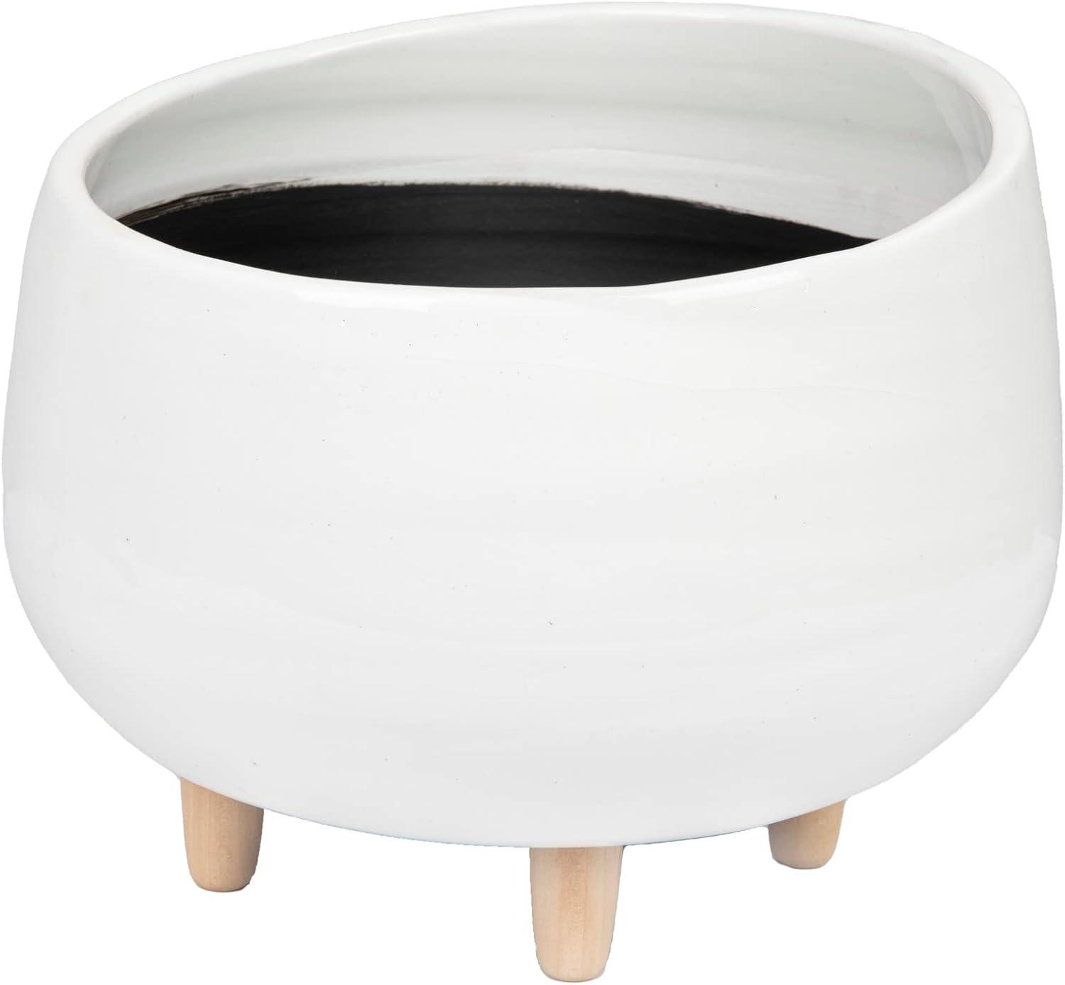 8" x 12.5" Planter with Wood Feet White - Storied Home: Ceramic, No Assembly, Indoor Use, Drain Plug