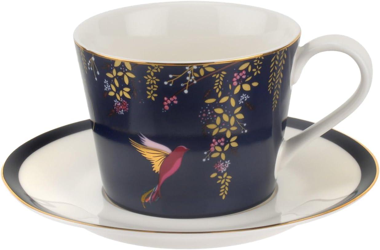 Navy Ceramic Teacup and Saucer with Gold Detailing