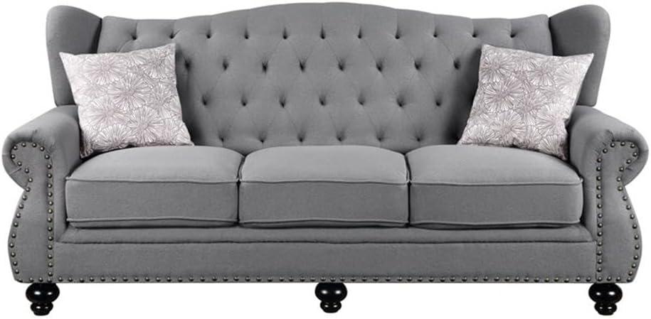 86" Hannes Sofa Gray Fabric - Acme Furniture: Classic Design, Winged Backs, Nailhead Trim