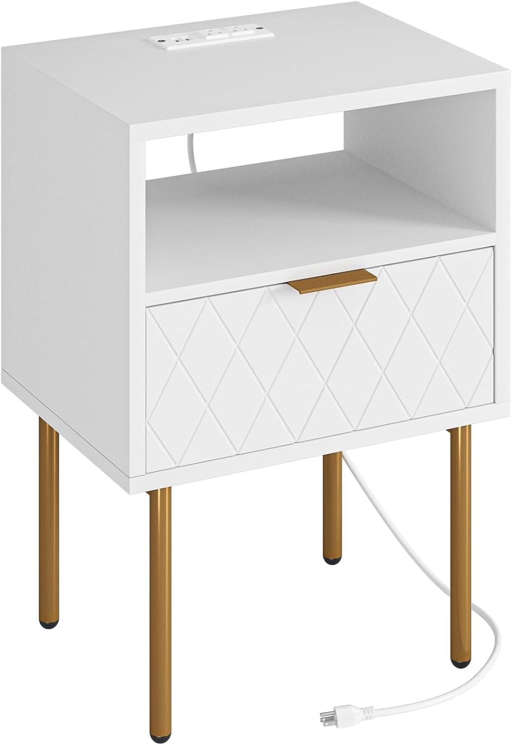 White and Gold Modern Nightstand with Drawer and Shelf