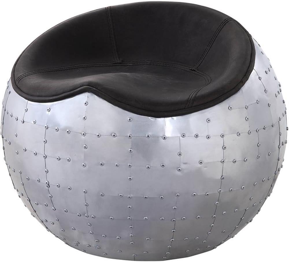 ACME Brancaster Leather Upholstered Ottoman in Antique Ebony and Aluminum