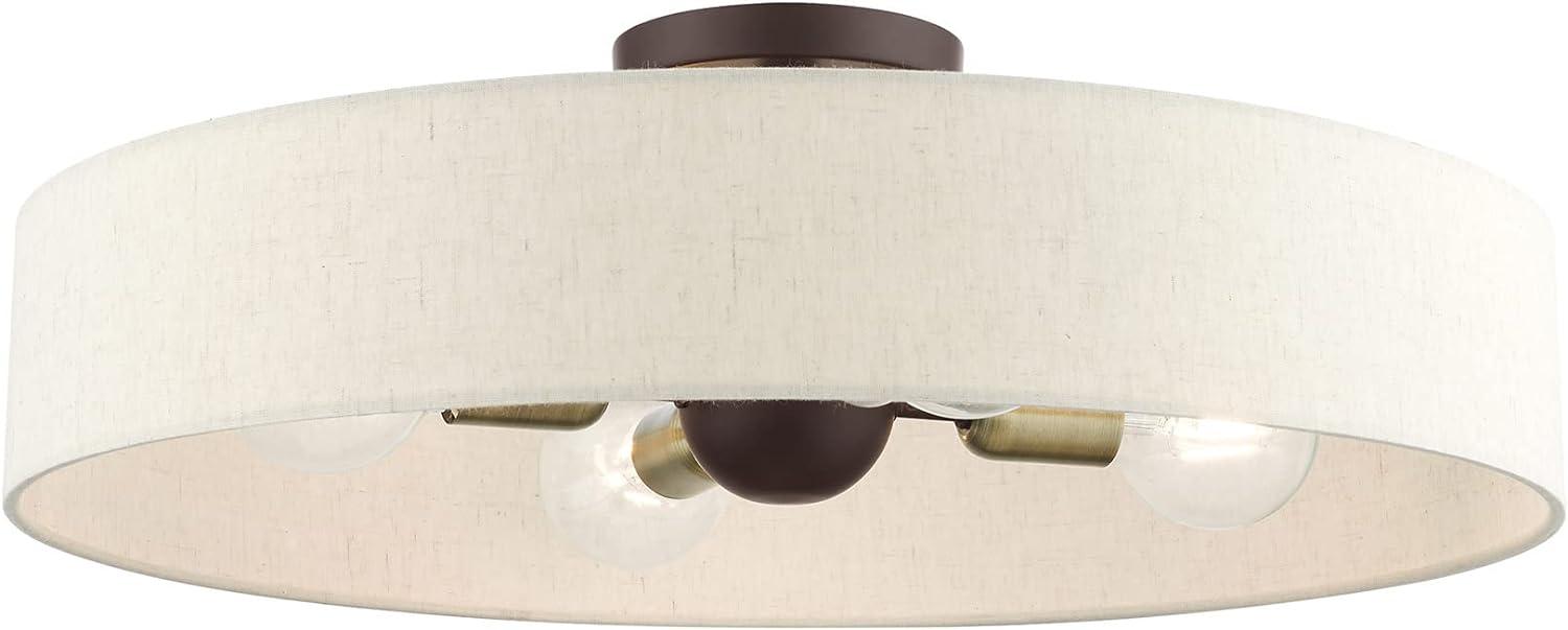 Elegant Bronze Drum Semi-Flush Mount with Oatmeal Fabric Shade