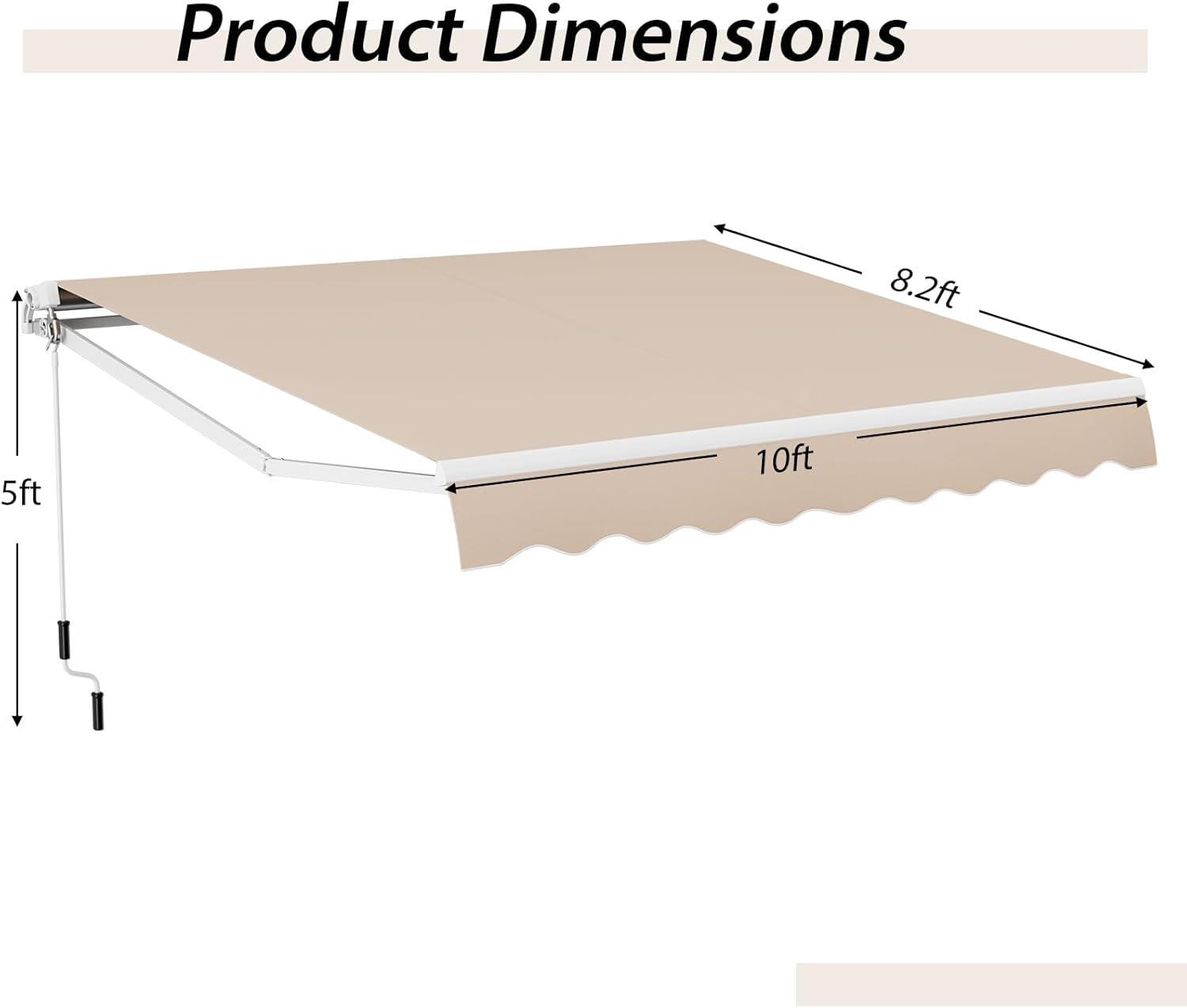 Gymax 10 x 8.2 ft Outdoor Patio Retractable Awning Polyester Sunshade Cover w/ Manual Crank Handle Deck Beige