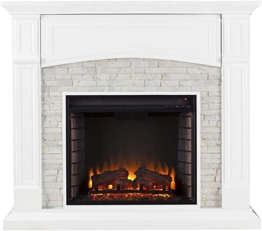 Crisp White Faux Stone Electric Fireplace TV Stand