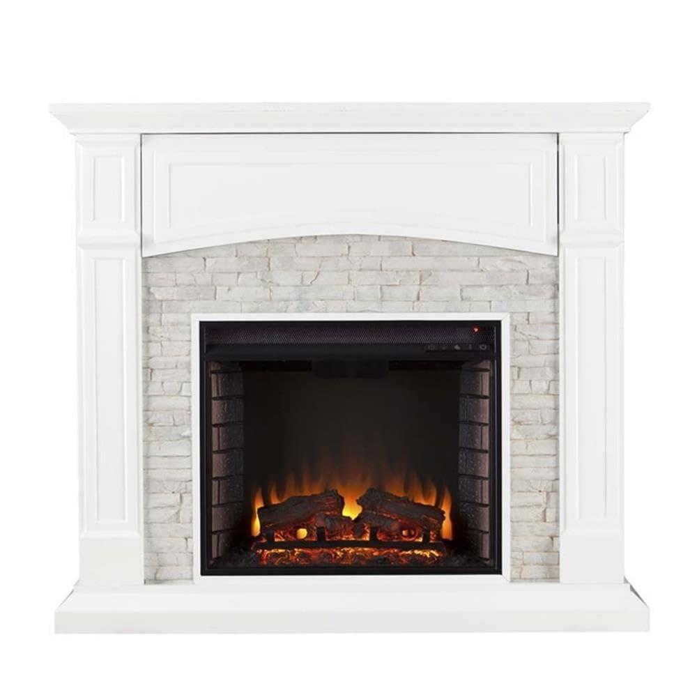 Crisp White Faux Stone Electric Fireplace TV Stand