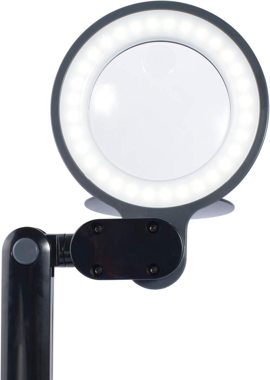 Compact Adjustable Black LED Desk Lamp with Optical-Grade Magnifier