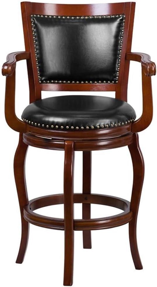 Flash Furniture Vestina 30" LeatherSoft Ladder Back Barstool with Footrest and Arms, Cherry Wood/Black