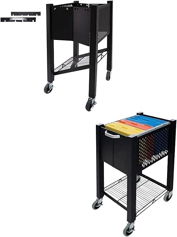 Black Steel Mobile File Cart with Push Handle and Locking Wheels