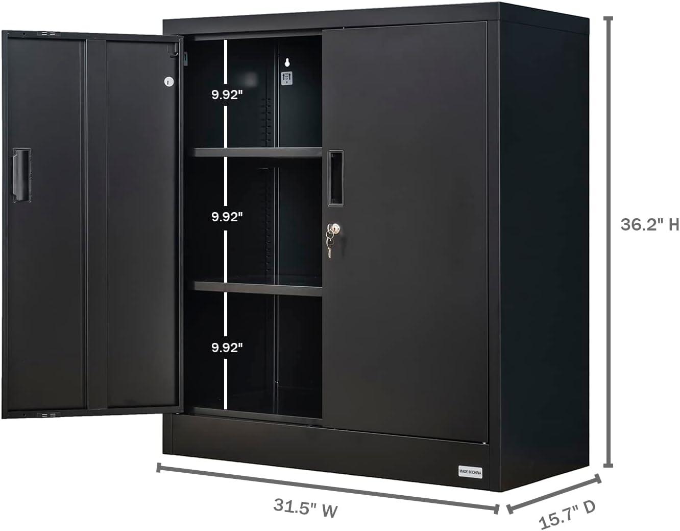 Metal Storage Cabinet, 36" H Locking Storage Cabinet with Adjustable Shelves, Steel Storage Cabinet for Garage, Home, Office, Utility Room-Black