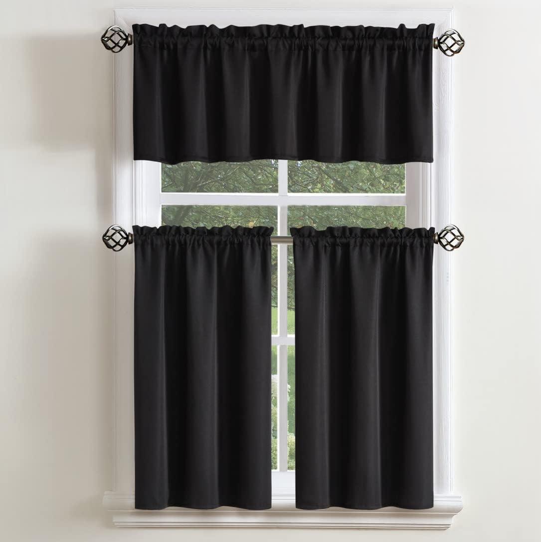 Black Polyester Light-Filtering Rod Pocket Kitchen Tier Curtains