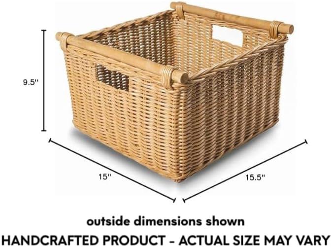 Drevy Deep Pole Handle Wicker Storage Basket, Large, 15 in L x 15.5 in W x 9.5 in H, Sandstone