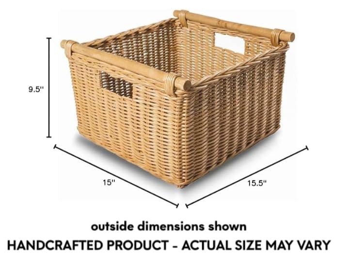 Drevy Deep Pole Handle Wicker Storage Basket, Large, 15 in L x 15.5 in W x 9.5 in H, Sandstone