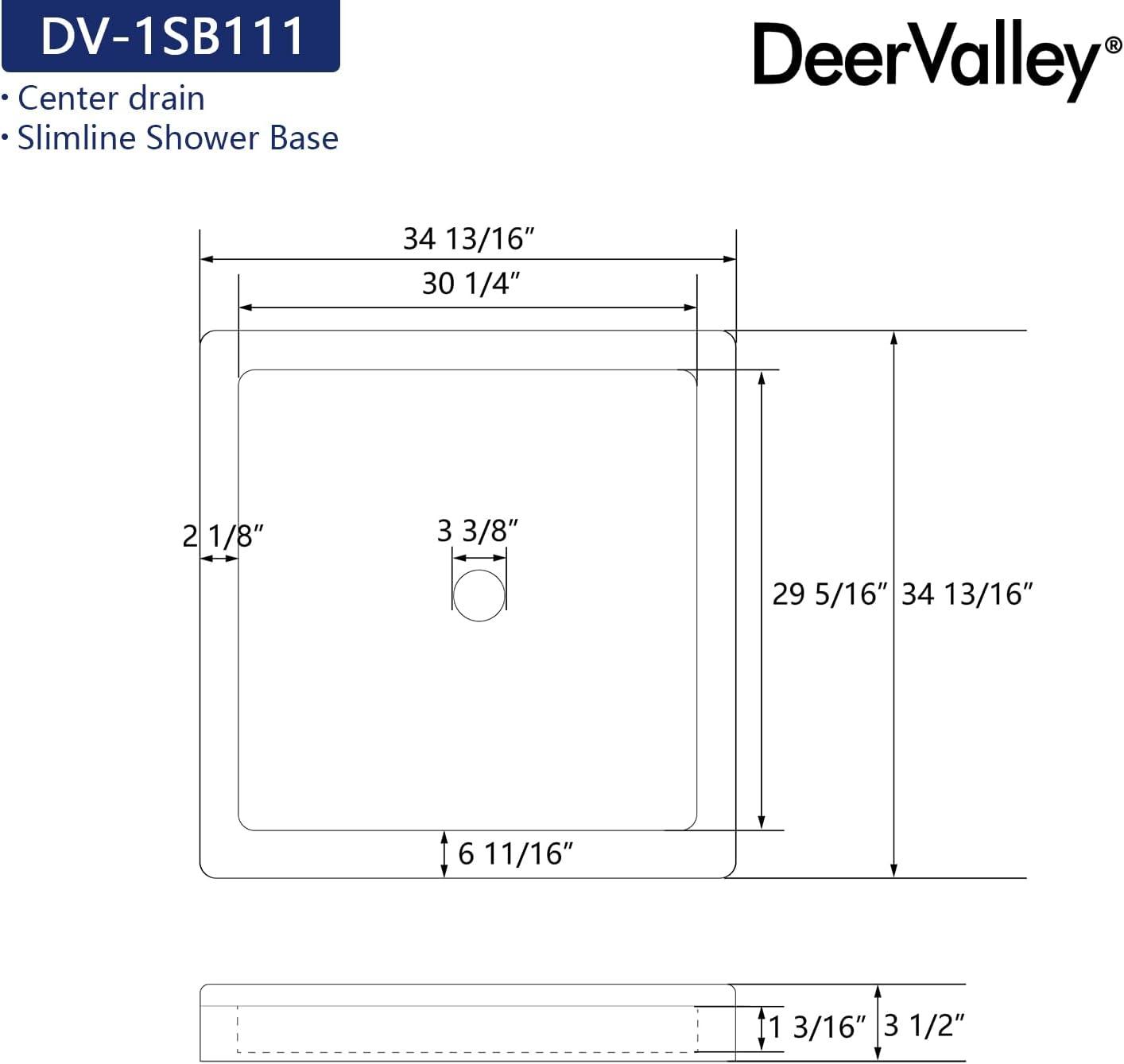 DeerValley 35" L x 35" W Single Threshold Square White Shower Base Center Drain, Non-slip Design