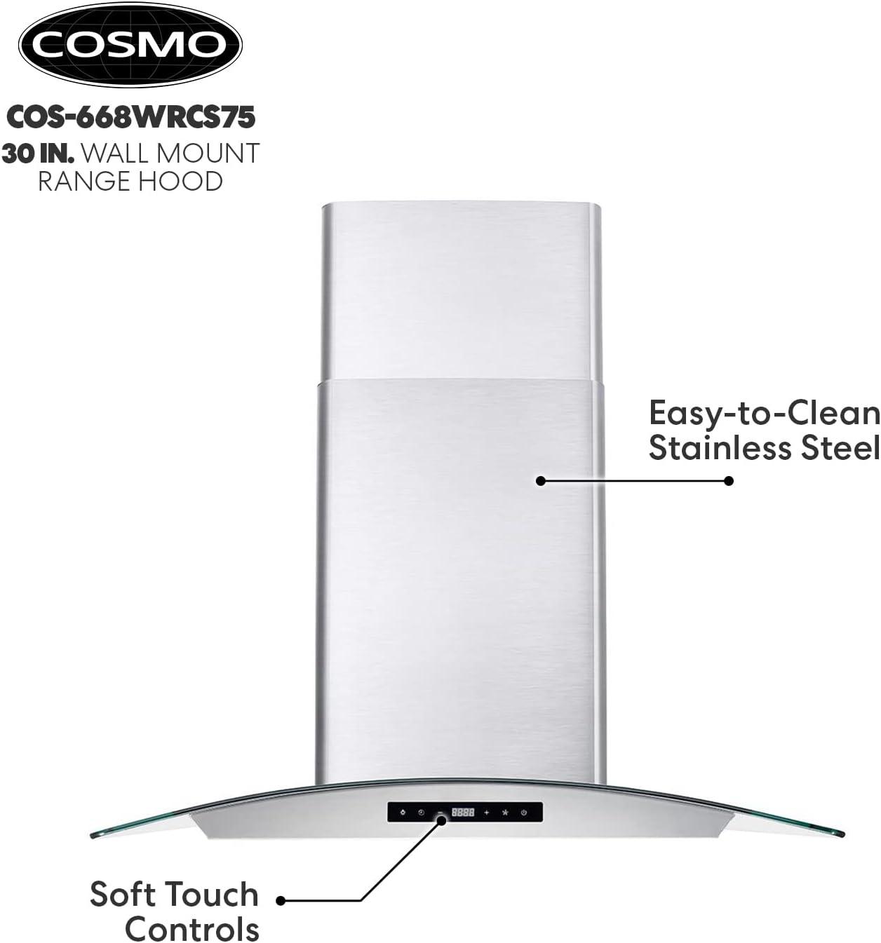 Cosmo 30 in. Ducted Wall Mount Range Hood in Stainless Steel with Touch Controls, LED Lighting and Permanent Filters