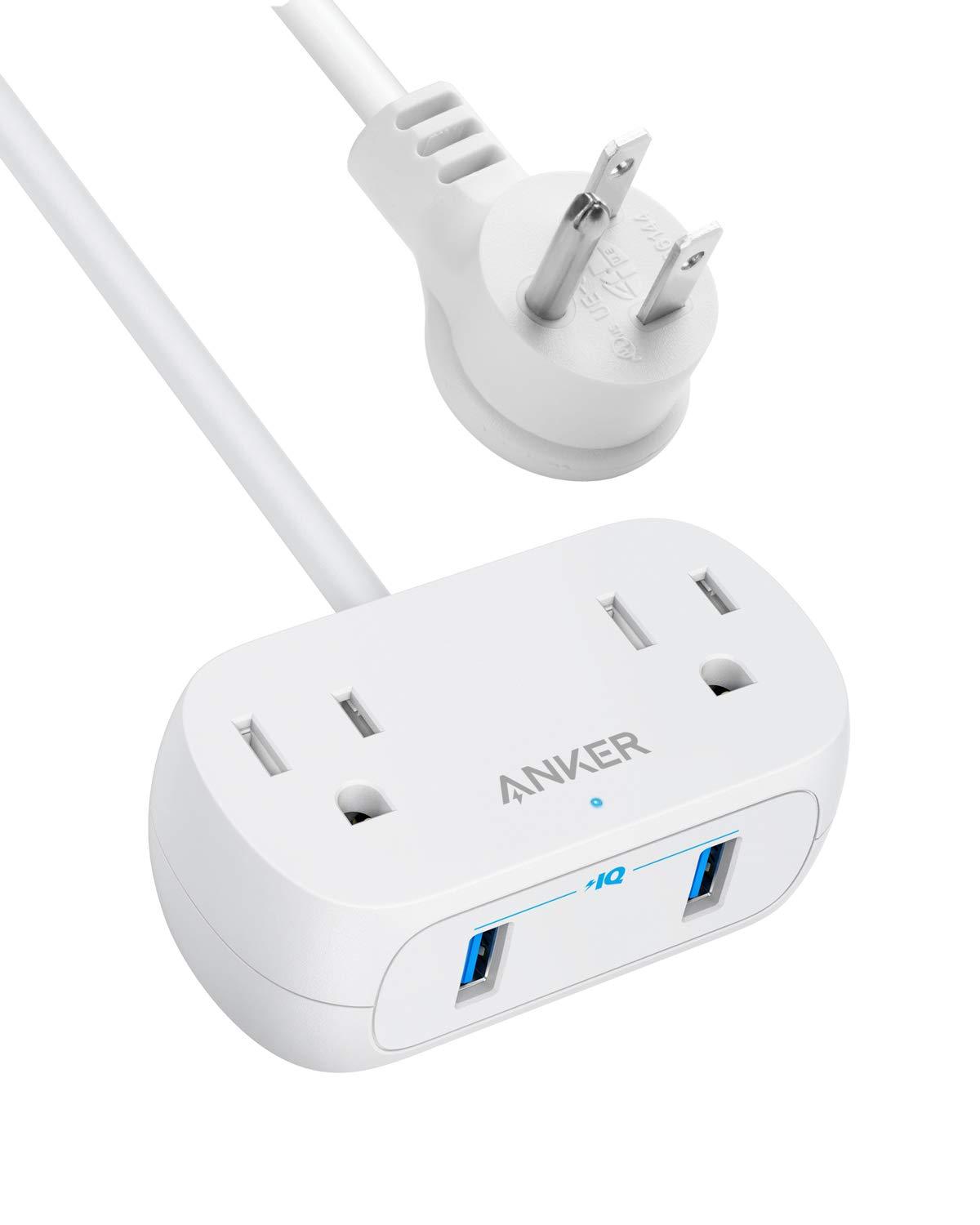 Anker Power Strip with USB PowerExtend USB 2 Mini, 2 Outlets, and 2 USB Ports, Flat Plug, 5 ft Extension Cord, White