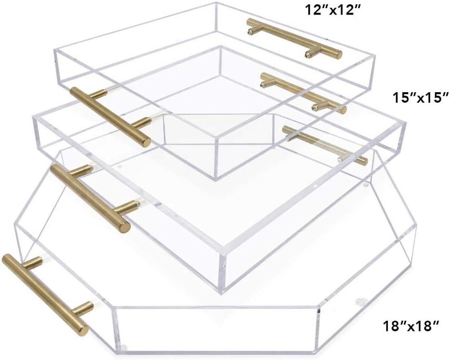 12"x12" Clear Acrylic Serving Tray with Golden Handles, Huge Capacity Sturdy Acrylic Tray for Coffee, Juice, Kitchen and Desk Organizer, Storage Tray (12"x12")