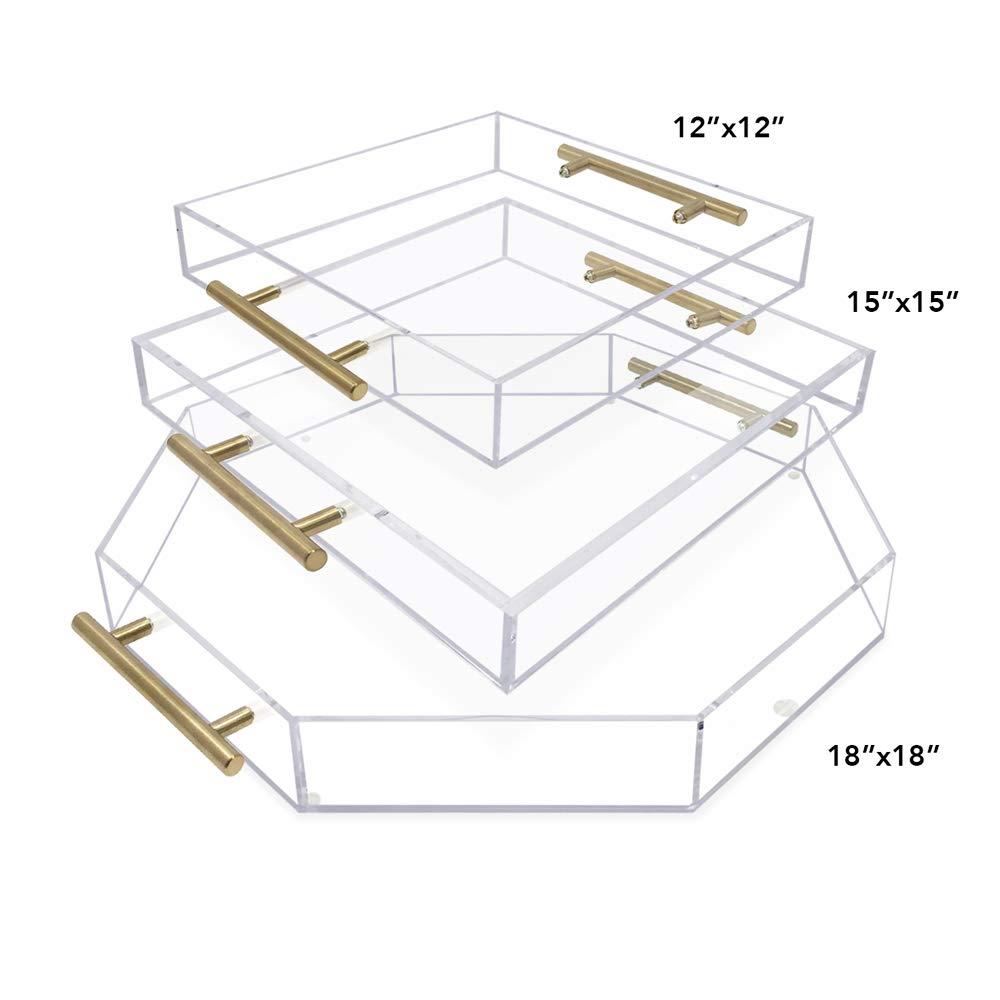 12"x12" Clear Acrylic Serving Tray with Golden Handles, Huge Capacity Sturdy Acrylic Tray for Coffee, Juice, Kitchen and Desk Organizer, Storage Tray (12"x12")