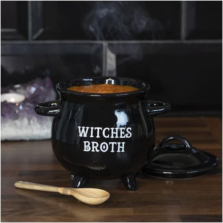 Pacific Giftware Witches Broth Cauldron Ceramic Bowl with Broom Spoon