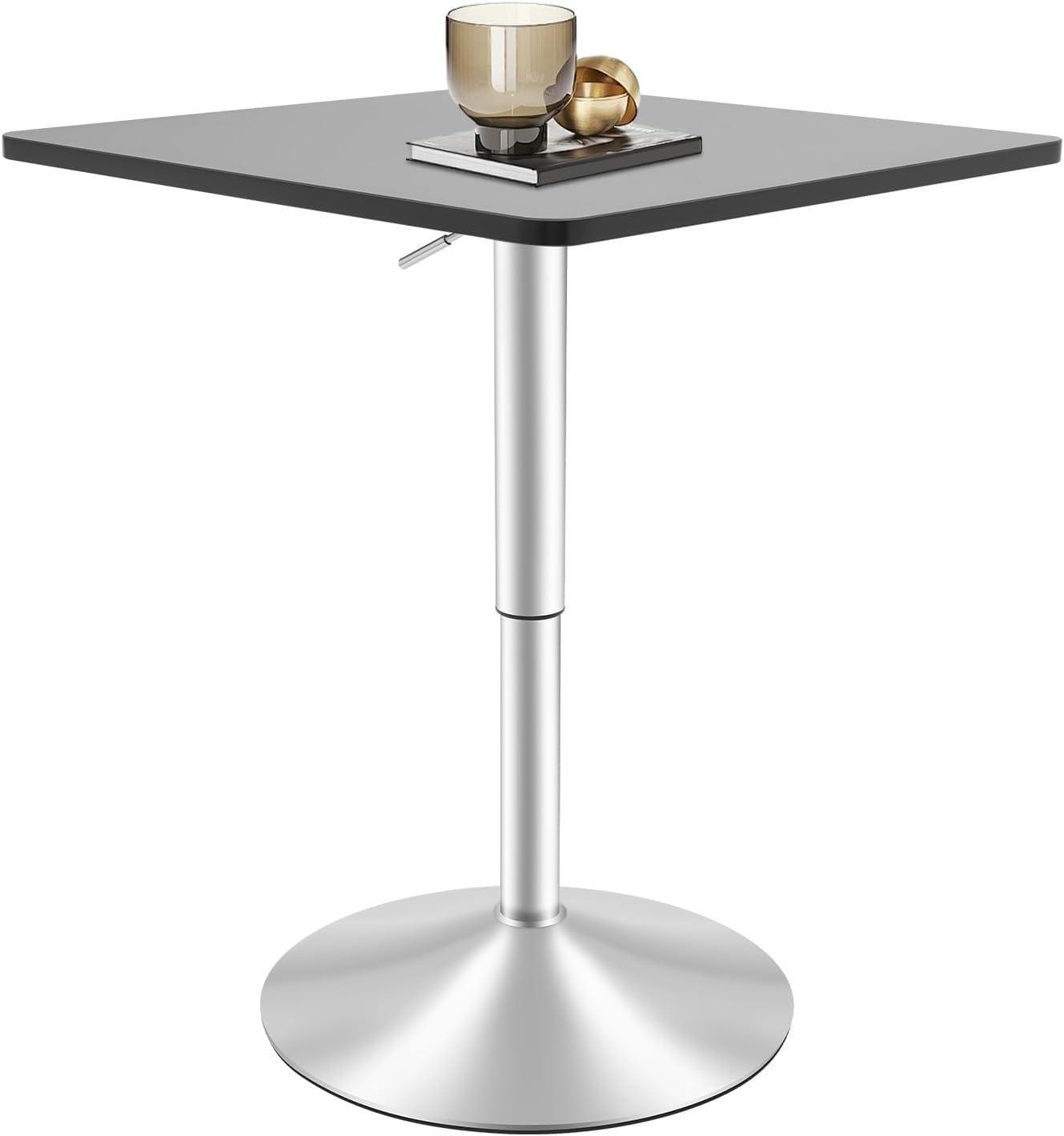 Square Bar Table, Modern Pub Table, 360° Swivel Cocktail Table, Adjustable Height with Black Top, Stainless Steel Leg and Base