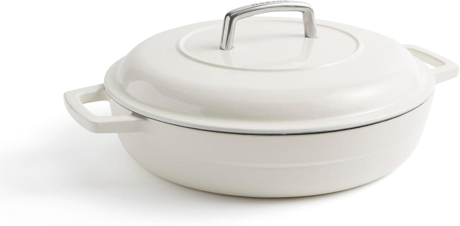 White Enameled Cast Iron Round Braiser with Lid