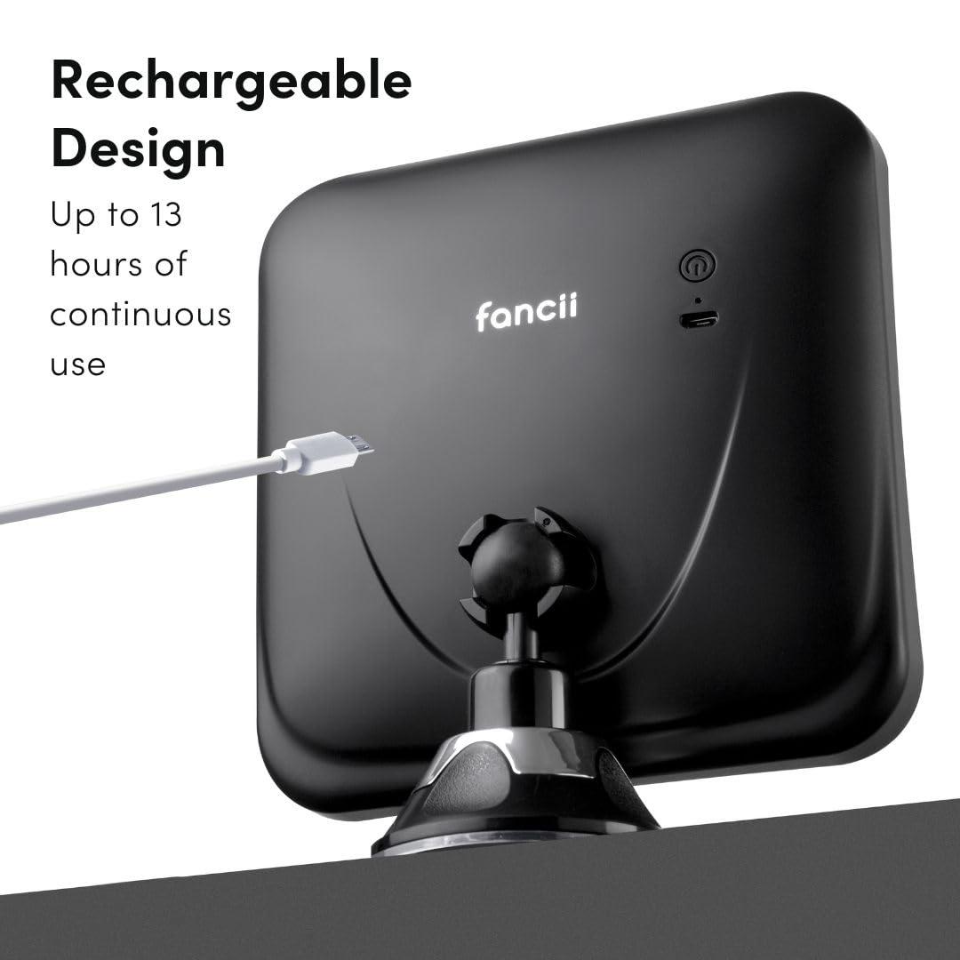 Fancii Rechargeable 10x Magnifying Mirror with 3 LED Light Settings, Dimmable Touch Light, Cordless, Locking Suction Mount, Lighted Mirror for Bathroom or Travel, Mira 2 (Black)