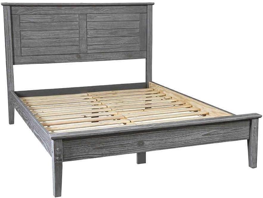 Brushed White Pine Queen Platform Bed with Louvered Headboard