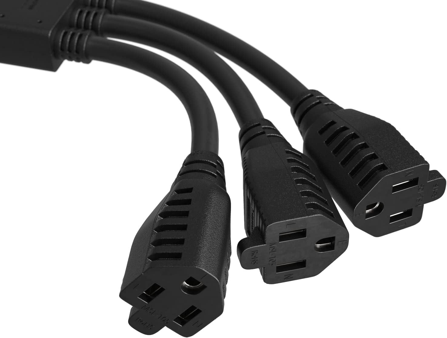 Black Heavy Duty 3-Outlet Power Extension Splitter Cord