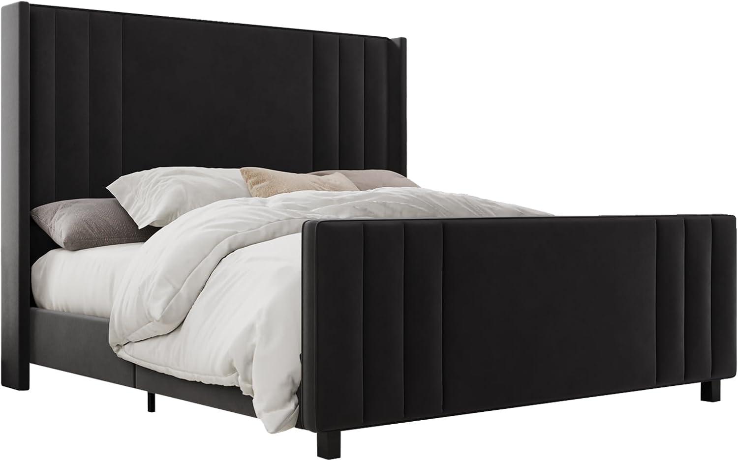 Queen Black Velvet Upholstered Platform Bed with Tufted Headboard