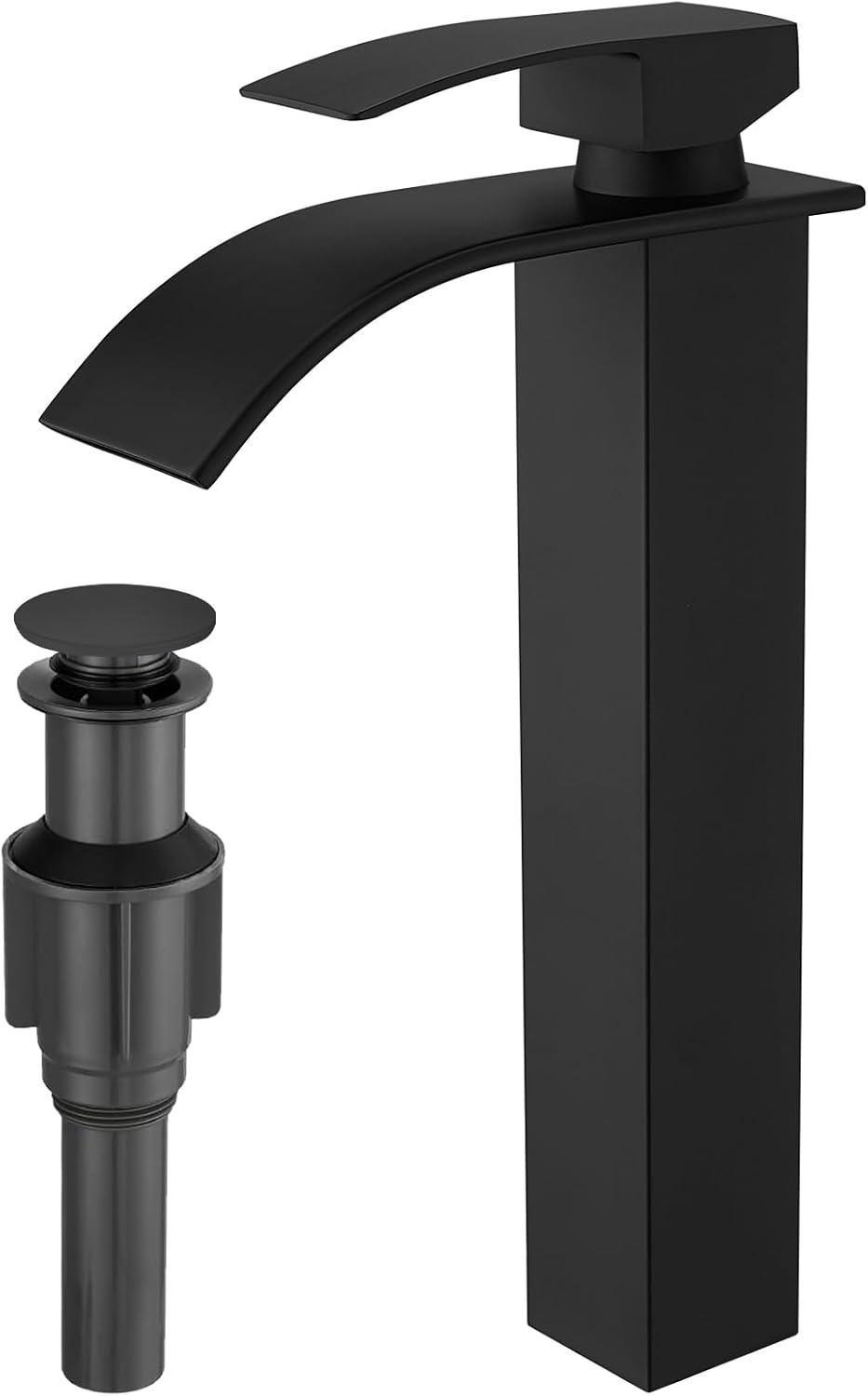 Waterfall Bathroom Faucet Single Handle，Bathroom Sink Faucet 1 Hole，Waterfall Faucet for Bathroom Sink，Vessel Sink Faucet Matte Black Tall Bathroom Faucet