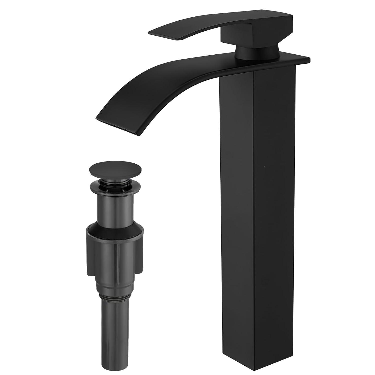 Waterfall Bathroom Faucet Single Handle，Bathroom Sink Faucet 1 Hole，Waterfall Faucet for Bathroom Sink，Vessel Sink Faucet Matte Black Tall Bathroom Faucet