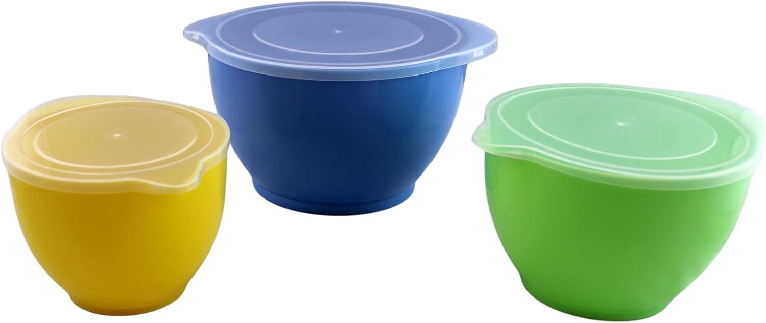 Dependable Industries Inc. Essentials 3 Piece Storage and Batter Mixing Bowl Set with Lids BPA Free Plastic Ideal for Kitchen Storage and Baking