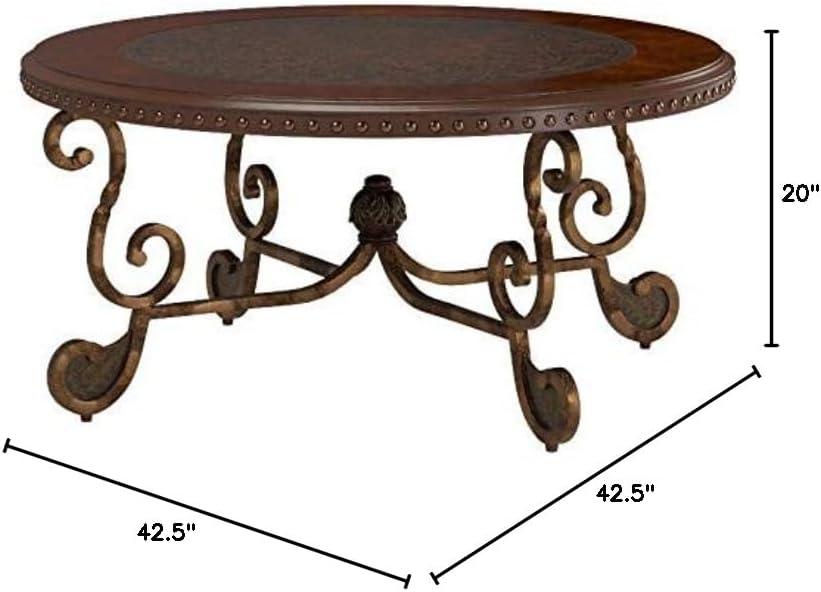 Signature Design by Ashley Rafferty Ornate Round Coffee Tabe with Decorative Metal Detail, Dark Brown