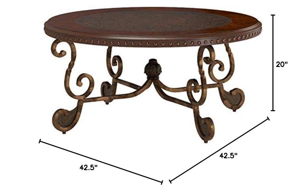 Signature Design by Ashley Rafferty Ornate Round Coffee Tabe with Decorative Metal Detail, Dark Brown