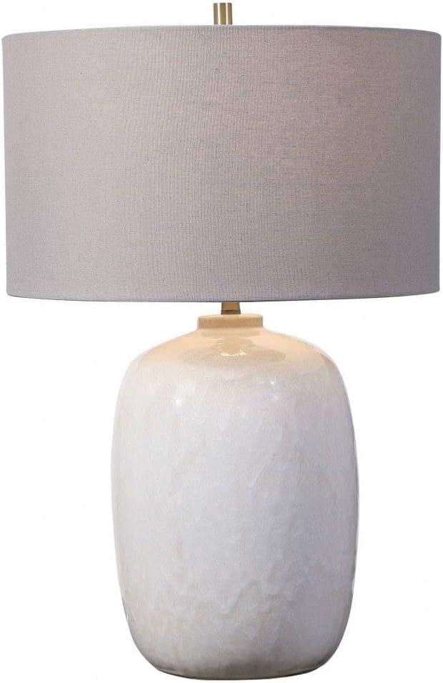 Cream Ivory Ceramic Table Lamp with Gray Linen Drum Shade